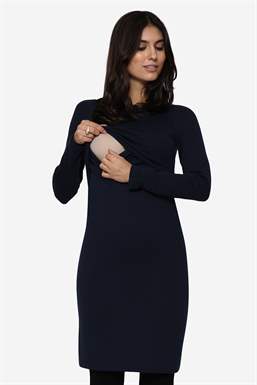 Blaues Stillkleid mit langen Ärmeln und Rundhalsausschnitt aus Merinowolle - Mit Stillfunktion zu sehen