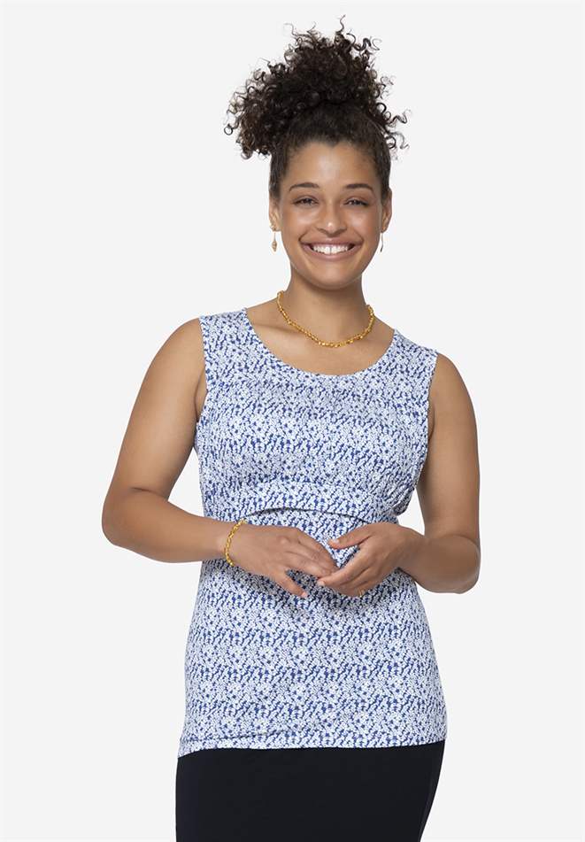Blau floralprint Stilltop mit Falten an der Brust aus Bambus - Vorderansicht