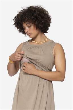 Beige ärmelloses Stillkleid aus Bambusfasern aus Bio-Bambus, mit Stillfunktion zu sehen